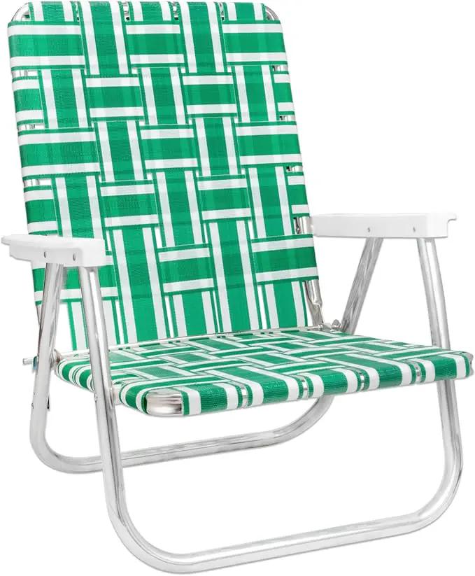 Lawn Chair USA Folding Aluminum Outdoor Patio Lawn Chair | Heavy-Duty Webbed Chairs for Camping, Sports, Beach, Yard & Tailgating | Lightweight Portable | High Back Beach Chair- Green & White Stripe by GreenHaven Gardens