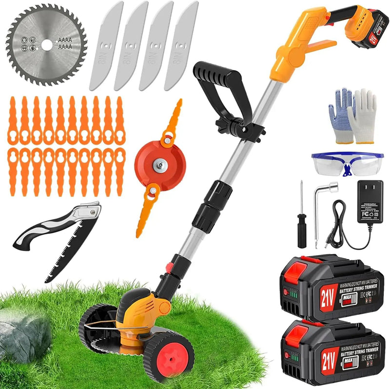 Electric Weed Wacker Cordless Battery Powered Eater,21V/4.0Ah Lightweight No-String Weed Trimmer with 2 Battery Operated& Wheels,3 in 1 Stringless Grass Trimmer/Edger/Brush Cutter for Garden Yard Lawn by GreenHaven Gardens