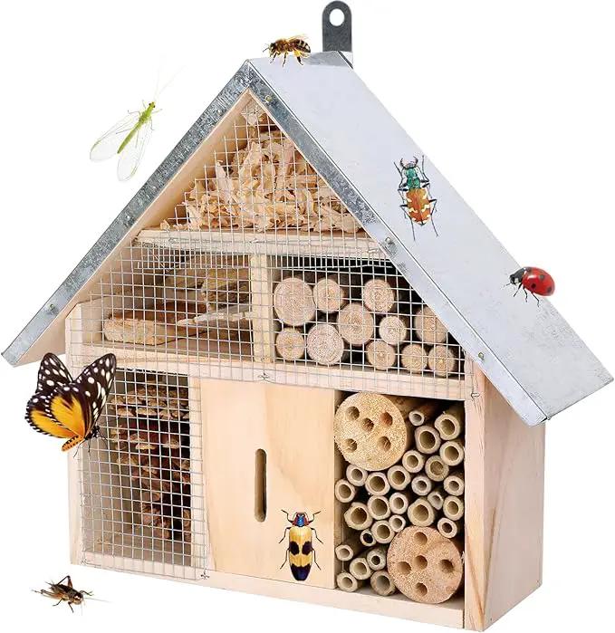 antiai Wooden Mason Insect Bee Butterfly House,Insect Hotel,an Outdoor Hanging Bamboo Habitat for Ladybugs Live,Bee Box,Butterfly Habitat for Garden,12.4 x 12 x 3.9 Inch by GreenHaven Gardens