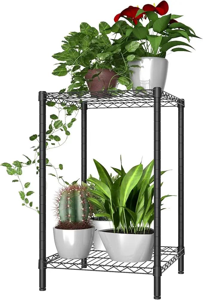 Xiofio 2 Tier Metal Plant Stand for Indoor and Outdoor Plant Shelf, Multi-Functional Adjustable Shelf Plant Stands Flower Stands With hanger rod for Living Room Balcony and Garden,Black by GreenHaven Gardens