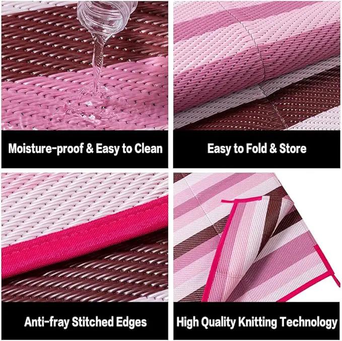 Outdoor Waterproof Rug 6'x9' Plastic Straw Rugs Washable Reversible Floor Mat Pink Stripe Carpet for Camping RV Deck Entryance Porch Picnic Balcony Beach Backyard by GreenHaven Gardens