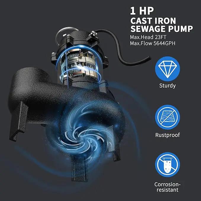 1HP Sewage/Effluent Pump Submersible, 115V 5600 GPH Cast Iron Pump with Automatic Tethered Float Switch, Sump Pump for Sump Basin, Basement, Residential Sewage, 2'' NPT Discharge by GreenHaven Gardens