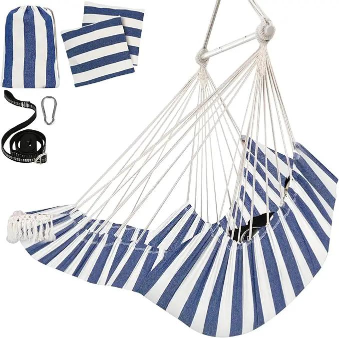 Chihee Hammock Chair Hanging Chair with Foot Rest 2 Cushions Max 500lbs Robust Metal Spreader Bar Collapsible Easy Storage Soft Cotton Swing Chair Strong Strap Iron Carabiner Side Pocket Included by GreenHaven Gardens