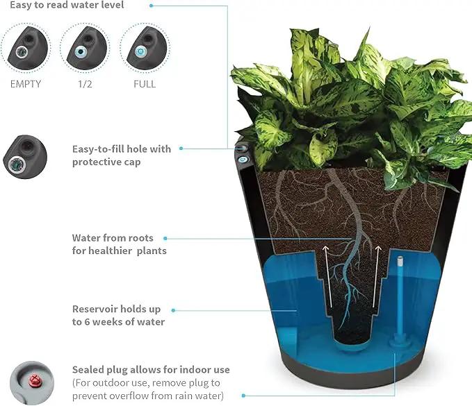 Crescent Garden Dot TruDrop Indoor/Outdoor Planter, Self-Watering Plant Pot, 16 Inches, (Caviar Black) by GreenHaven Gardens
