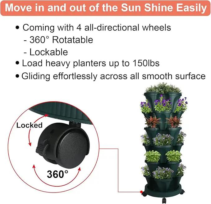 Vertical Planter 6 Tier Stackable Planters Garden Planters Strawberry Herb Flower and Vegetable Planter Indoor Outdoor Gardening Pots with Removable Wheels and Tools 2-Pack by GreenHaven Gardens