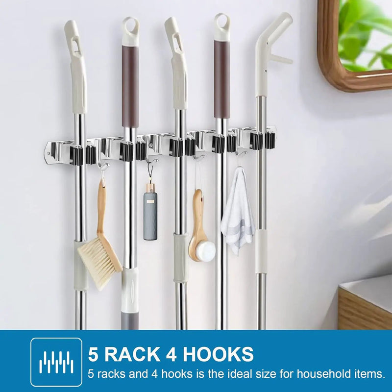 IMILLET 2 Pack Wall Mount Broom Holder Stainless Steel 5 Racks with 4 Hooks Broom Organizer Self Adhesive Heavy Duty Laundry Room, Garage Organization Storage by GreenHaven Gardens