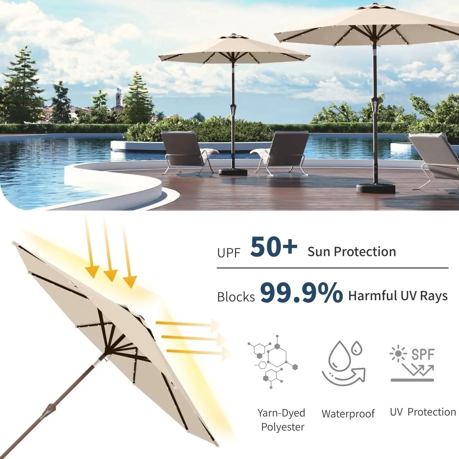 10FT Solar Umbrella 32 LED Lighted Patio Umbrella Table Market Umbrella w/Tilt and Crank, UV-Resistant Outdoor Umbrella for Pool, Garden, Deck, Beige by GreenHaven Gardens