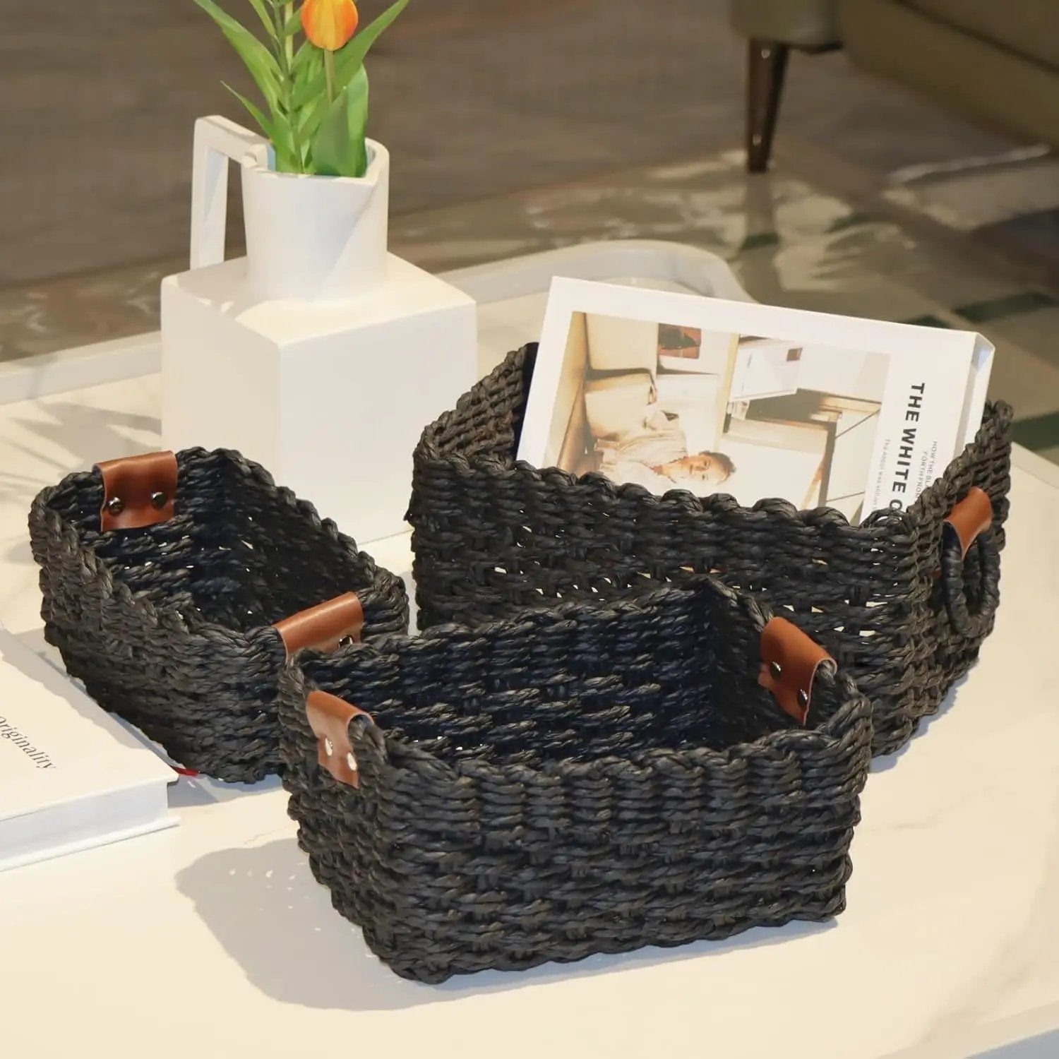 Paper rope Small Storage baskets for Organizing,Cute woven Little basket for Home，Shelves, Bathroom,Decorative basket,Set of 3 (Black) by GreenHaven Gardens