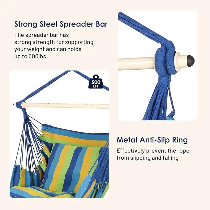 Highwild Hammock Chair Hanging Rope Swing - Max 500 Lbs - 2 Cushions Included - Steel Spreader Bar with Anti-Slip Rings - for Any Indoor or Outdoor Spaces (Blue Striped) by GreenHaven Gardens