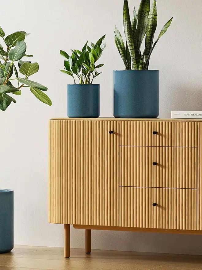 LE TAUCI Ceramic Plant Pots Indoor, 10+8+6 Inch Planters for Indoor Plants, Mid-Century Modern Flower Pots with Drainage Hole and Plug, Cylinder Round Planters, Set of 3, Reactive Glaze Blue by GreenHaven Gardens