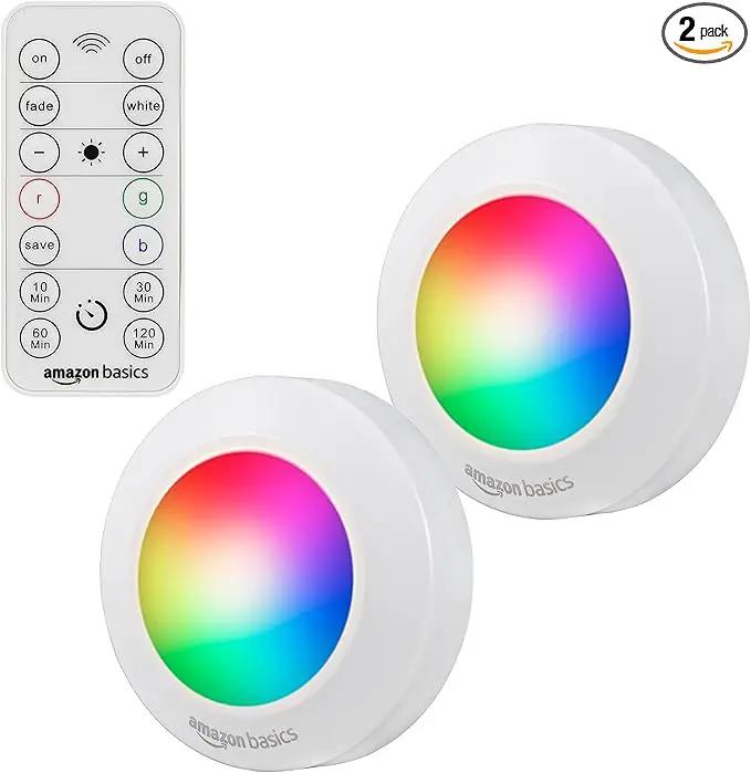 Amazon Basics LED Puck Lights, Color Changing, Battery Operated, IR Remote, 40 Lumens, 2 Pack, Wireless Stick on Lights, Under Cabinet Lighting, Ideal for Closets, and More, White by GreenHaven Gardens
