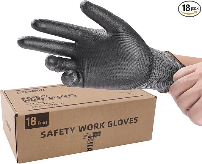 LANON 18 Pairs Safety Work Gloves, Mechanic Working Gloves for Men,Breathable PU Coated, Seamless Knit,Double Wash, Grey, Large by GreenHaven Gardens