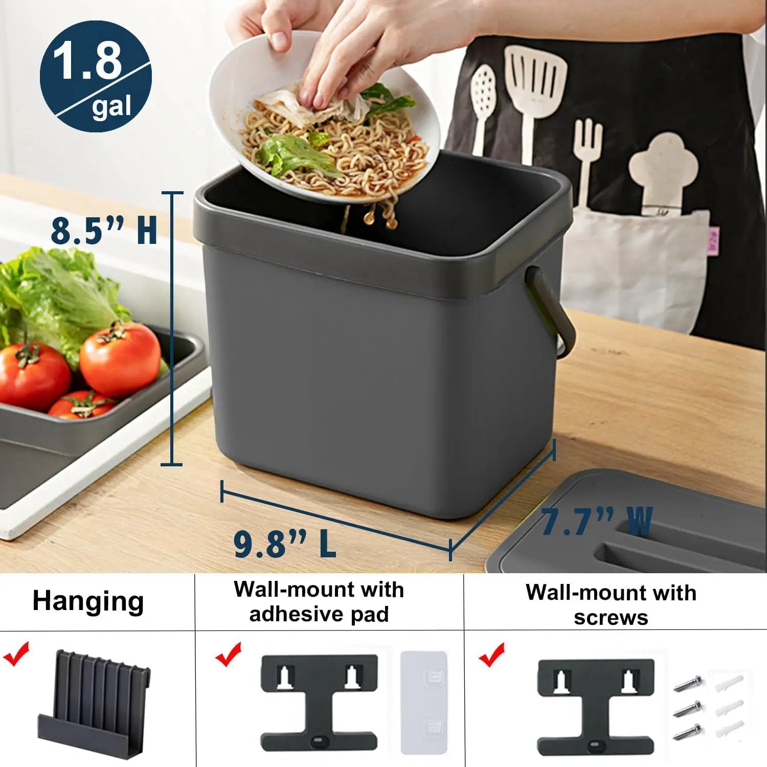 Kitchen Compost Bin, LALASTAR Food Waste Bin for Kitchen, Food Scrap Pail Bucket with Colander, Hanging Trash Can, 1.8 Gallons, Black by GreenHaven Gardens