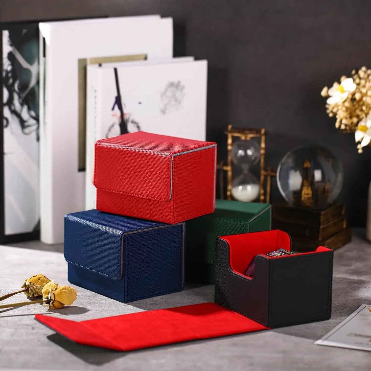 Yookeer 4 Pieces Leather Deck Card Boxes Cards Deck Game Box for Collectible Playing Card Box Compatible with MTG Commander(Black, Green, Red, Blue,Horizontal) by GreenHaven Gardens
