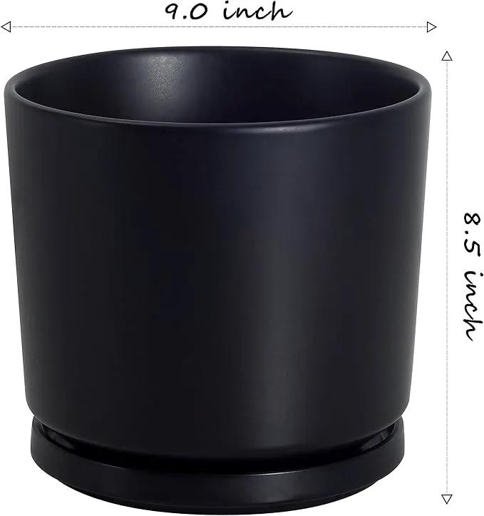 Ekirlin 9 inch Plant Pots,Ceramic Flower Planters Indoor,Modern Succulents Containers with Drain Hole Saucer,Decorate Home,Office & Outdoor (Black) by GreenHaven Gardens