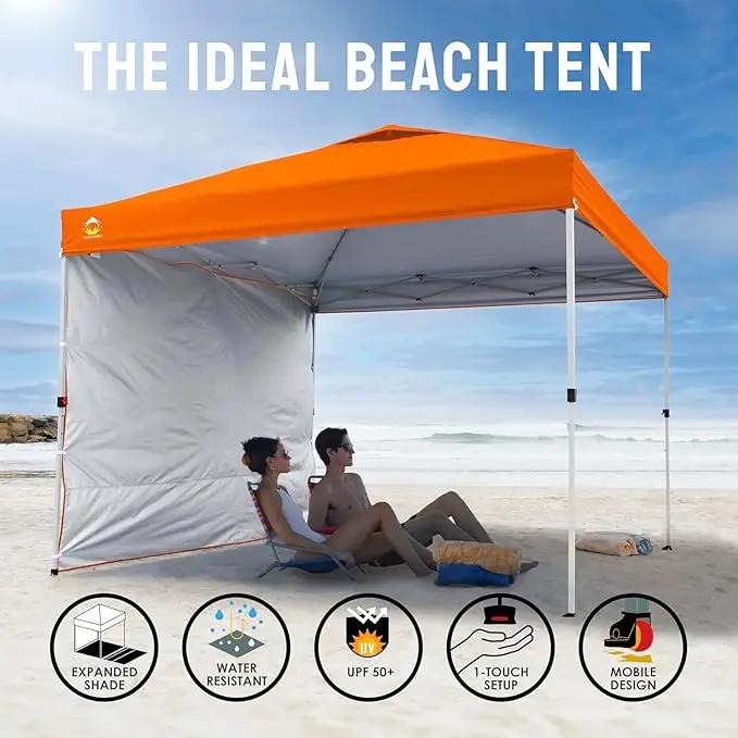 CROWN SHADES 10x10 Pop Up Canopy with 1 Side Wall - Beach Tent with One Push Setup - Outdoor Sun Shade for Events, Parties, Camping - Gazebo with STO-N-Go Cover Bag (Orange) by GreenHaven Gardens