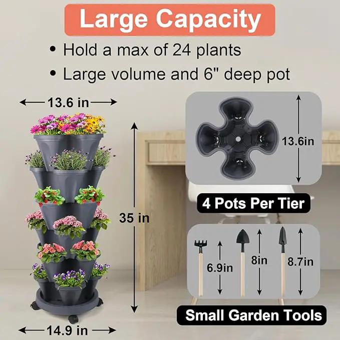 Vertical Planter 6 Tier Stackable Planters Garden Planters Strawberry Herb Flower and Vegetable Planter Indoor Outdoor Gardening Pots with Removable Wheels and Tools by GreenHaven Gardens