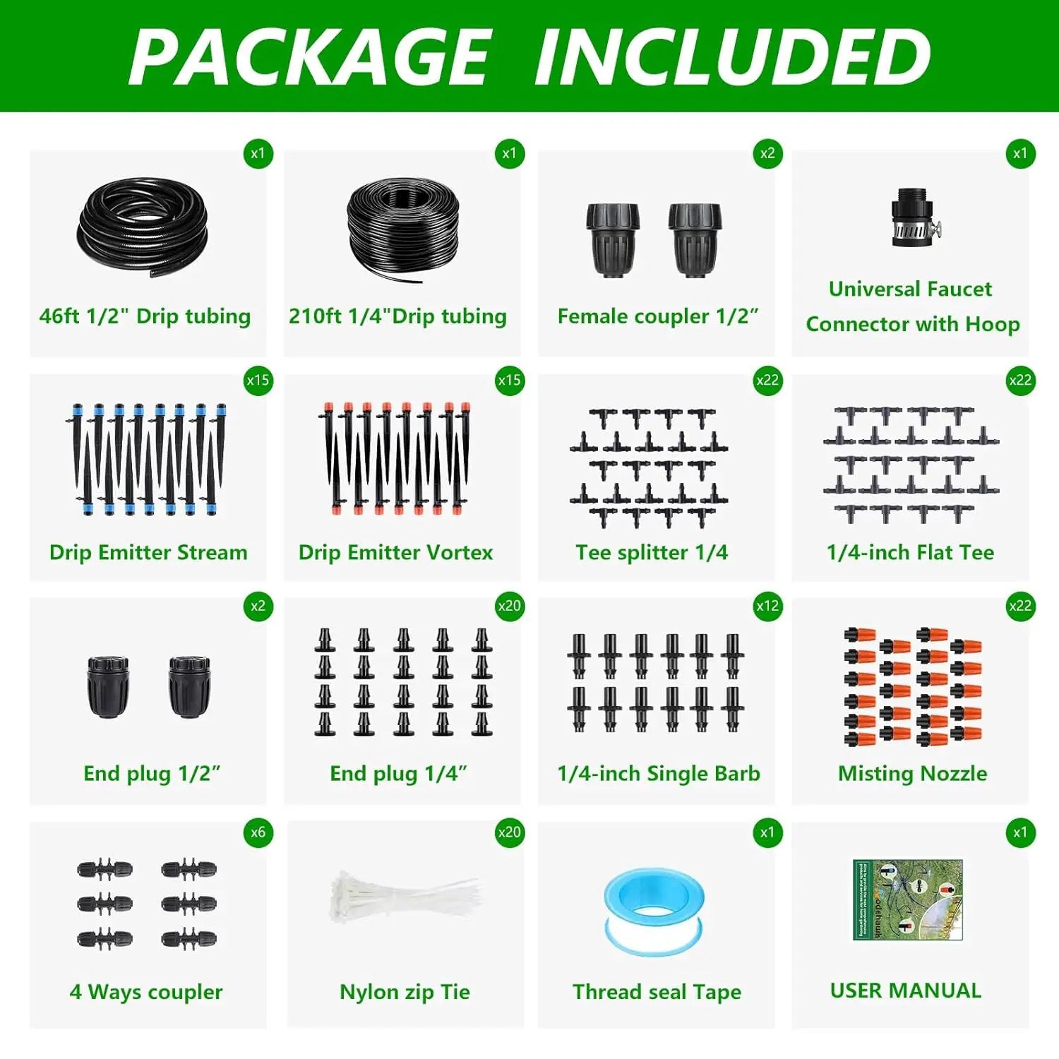 256FT Automatic Drip Irrigation System Kit,Automatic Garden Watering Misting System for Greenhouse, Yard, Plant ，Lawn with 1/2 inch Hose 1/4 inch Distribution Tubing and Accessories by GreenHaven Gardens