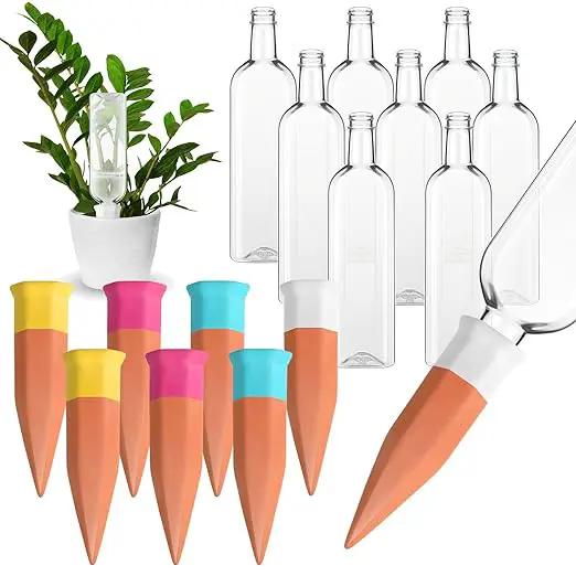 8 Pack Plant Watering Devices, Terracotta Self Watering Spikes with 25 oz Plastic Wine Bottles, Slow Release Plant Waterer Self Watering Planter for Vacation Indoor Outdoor Plant by GreenHaven Gardens