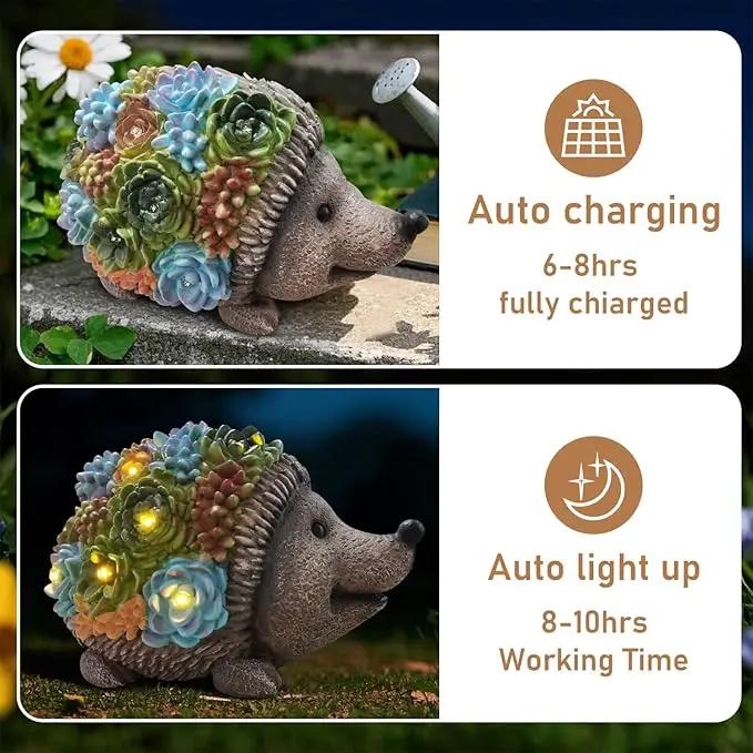 J.CARP Outdoor Solar Garden Hedgehog Statue with Succulents and 7 LED Lights, Decorations for Garden, Patio, Lawn, Outdoor Yard and Deck, Unique Housewarming Gifts by GreenHaven Gardens