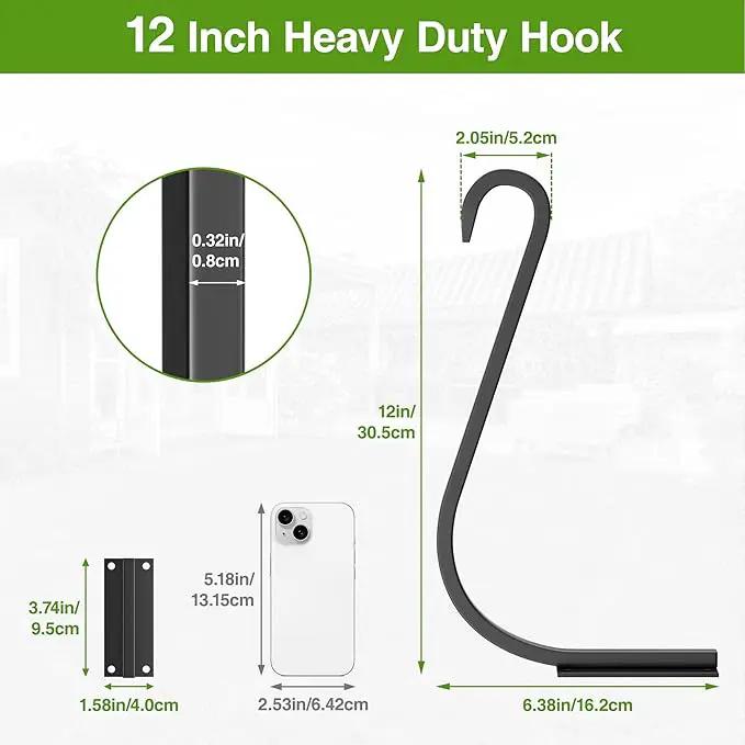 12 Inch 4 Pack Plant Hangers for Indoor/Outdoor Wall Mount - Heavy Duty Hanging Plant Holder & Bird Feeder Hooks, Decorative Black Metal Wall Hangers for Plants, Flower Baskets by GreenHaven Gardens