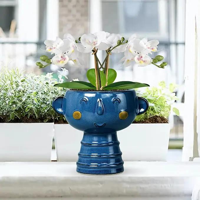 Face Planter Pot Head 7 Inch - Cute Ceramic Head Planter for Indoor Outdoor Plants Unique Flower Pot with Drainage Hole Gift Ideas for Christmas Blue by GreenHaven Gardens