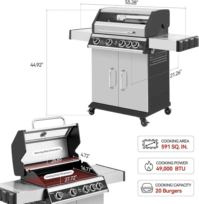 4-Burner Propane Gas Grill with Side Burner, Cabinet Style Grill with Glass Viewing Window, Porcelain-enameled Cast Iron Grate & Stainless Steel Warming Rack, Silver, SG5003S-SC by GreenHaven Gardens