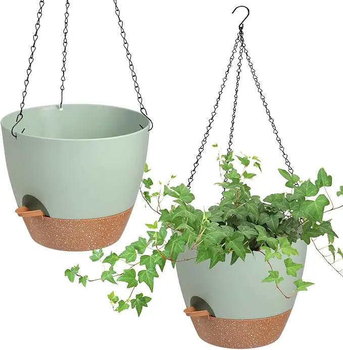 Hanging Planters for Indoor Outdoor Plants, 2 Pack Self Watering Hanging Pot with Drainage Holes & Removable Tray (Green, 8'') by GreenHaven Gardens