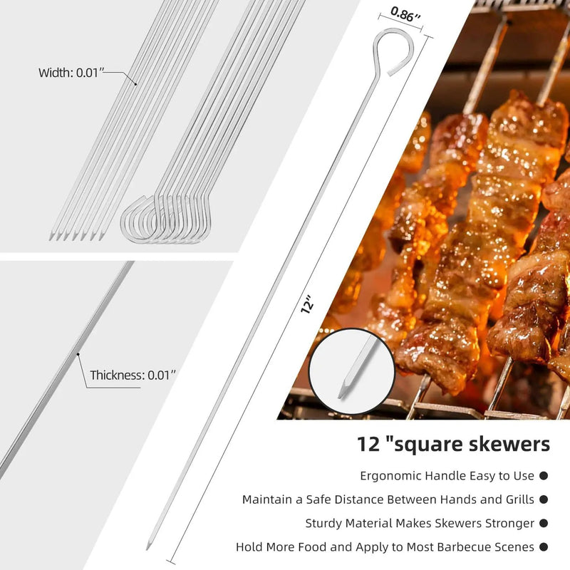 12" 12 Pack - Metal Skewers Reusable Kabob Skewers BBQ Barbecue Skewers for Grilling, Stainless Steel by GreenHaven Gardens