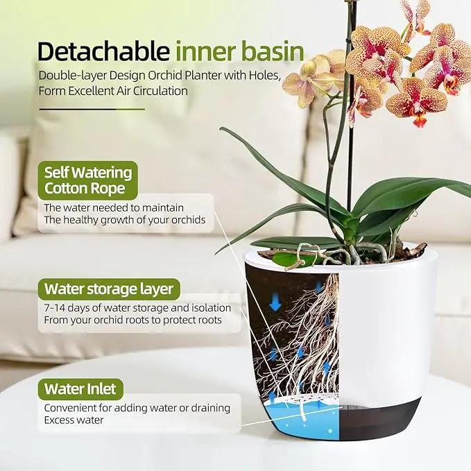 QCQHDU 2 Pack Orchid Pots with Holes for Repotting, Double-Layer and Self Watering Orchid Pot with Good Air Circulation