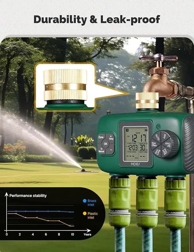 MOES 3 Outlet Sprinkler Timer, Brass Inlet, Programmable Automatic Irrigation Controller, Rain Delay, Manual Watering, 3 Zone Water Hose Timer for Gardens, Lawns, and Hose Systems by GreenHaven Gardens