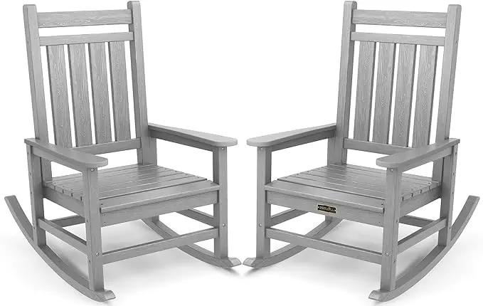 SERWALL Oversized Outdoor Rocking Chair Set of 2, HDPE Rocker for Adults, Patio Rocking Chairs for Porch, Sliver Gray by GreenHaven Gardens