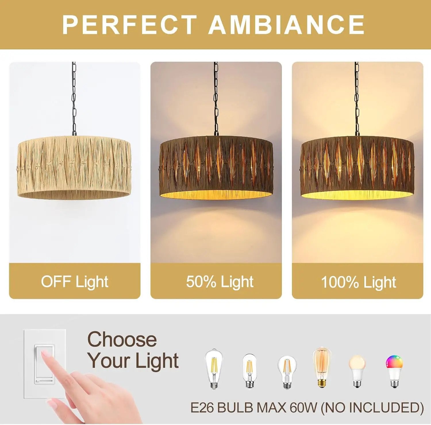 5-Light Boho Chandelier Light Fixture, 18.5" Large Raffia Drum Chandelier Hand Woven Coastal Pendant Light for Dining Room Kitchen Entryway Foyer Bedroom by GreenHaven Gardens