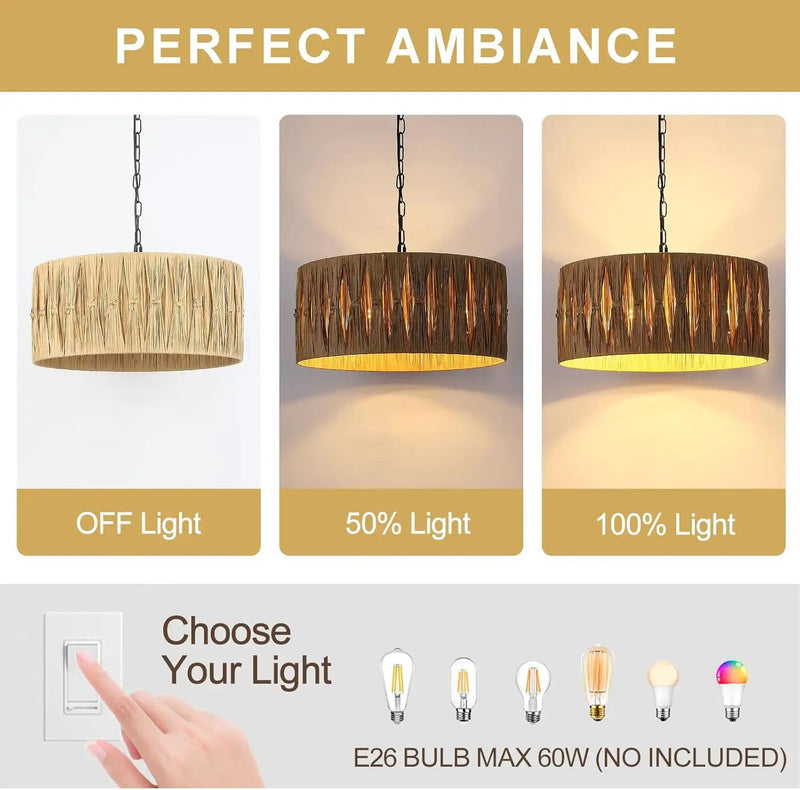 5-Light Boho Chandelier Light Fixture, 18.5" Large Raffia Drum Chandelier Hand Woven Coastal Pendant Light for Dining Room Kitchen Entryway Foyer Bedroom by GreenHaven Gardens