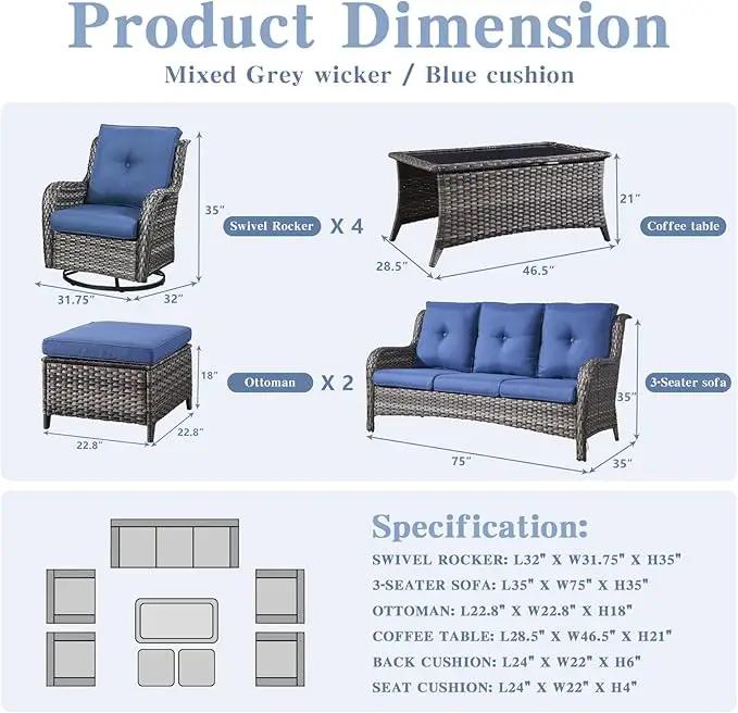 Wicker Patio Furniture Sets - 8 Piece Rattan Outdoor Furniture Conversation Sets with 4 Swivel Rocker Chairs, Rattan Sofa, Wicker Ottomans and Coffee Table, Mixed Grey/Blue by GreenHaven Gardens