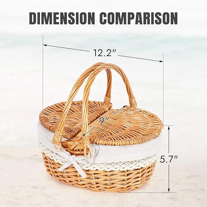 Happypicnic 12" Picnic Basket - Small Wicker Basket with Foldable Handle Lid & Removable Liner | Cute Picnic Basket Toy Empty for Kids, Gift, Halloween, Christmas, Valentines, Easter, Birthday, Solid by GreenHaven Gardens