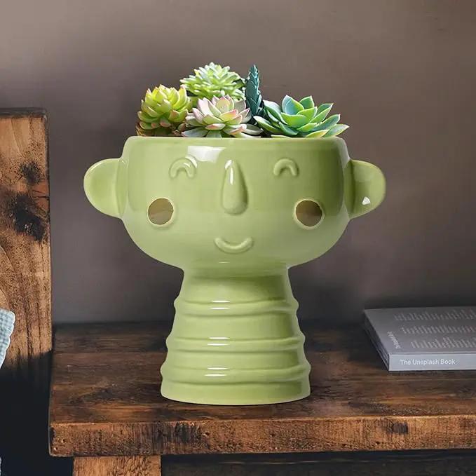 Face Planter Pots Head - 7 Inch Ceramic Succulent Plant Pots with Drainage Hole, Cute Head Planters for Indoor Outdoor Plants, Room Desk Office Decor, Plant Lover Gifts, Green by GreenHaven Gardens