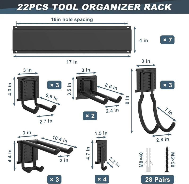 Ultrawall Garage Storage Organization, Garden Tool Organizer Garage Organizer Wall Mount Yard Tool Organizer Rack with 15 Hooks, Heavy Duty Wall Holders,22 Pcs by GreenHaven Gardens