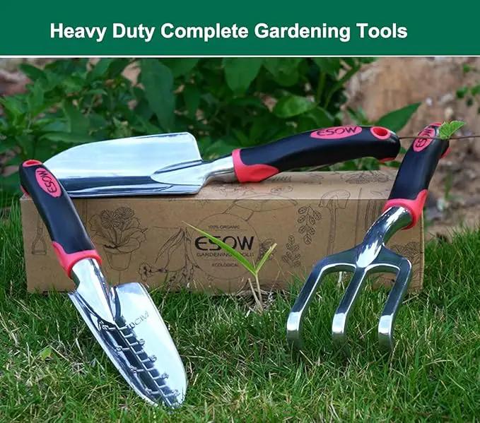ESOW Garden Tool Set with Non-Slip Rubber Handle, 3 Piece Cast-Aluminum Heavy Duty Gardening Kit Includes Hand Trowel, Transplant Trowel and Cultivator Hand Rake, Red by GreenHaven Gardens