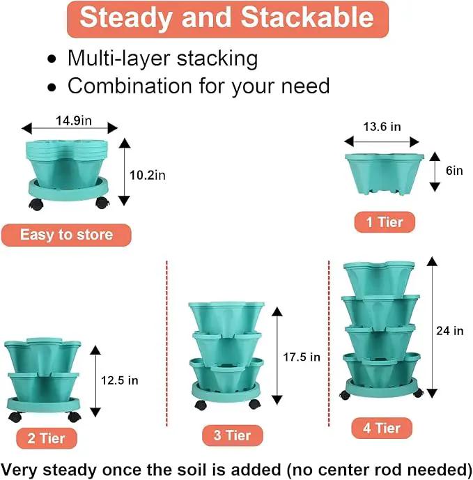 Vertical Planter 4 Tier Stackable Planters Garden Planters Strawberry Herb Flower and Vegetable Planter Indoor Outdoor Gardening Pots with Removable Wheels and Tools by GreenHaven Gardens