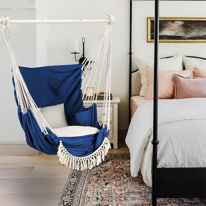 Chihee Hammock Chair Hanging Chair with Foot Rest 2 Cushions Max 500lbs Robust Metal Spreader Bar Collapsible Easy Storage Soft Cotton Swing Chair Strong Strap Iron Carabiner Side Pocket Included by GreenHaven Gardens