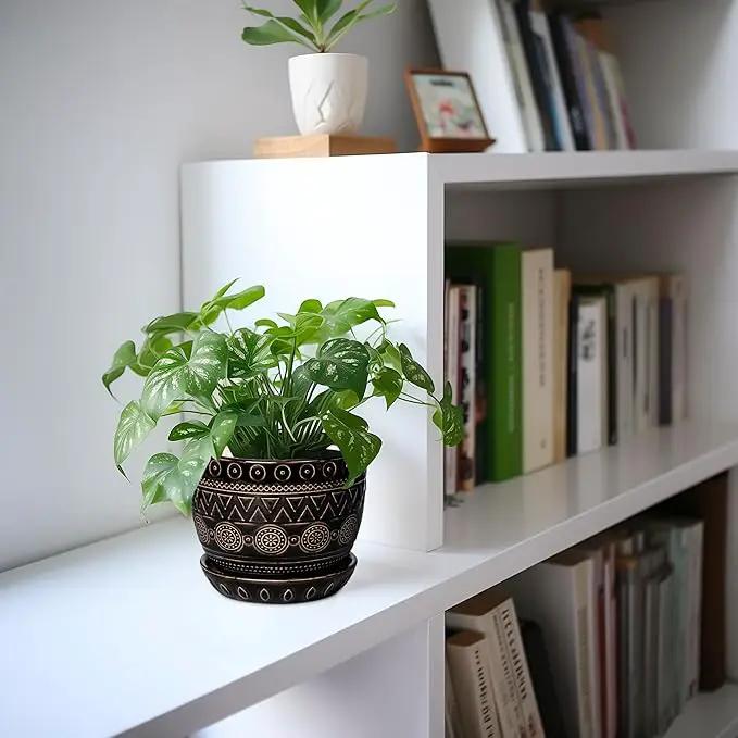 G EPGardening 5.5 Inch Ceramic Planter - Ceramic Plant Pot for Indoor Outdoor Plants, Boho Round Flower Pot with Drainage Hole and Saucer, Gifts for Plant Lovers, Office Garden Home Decor, Black by GreenHaven Gardens