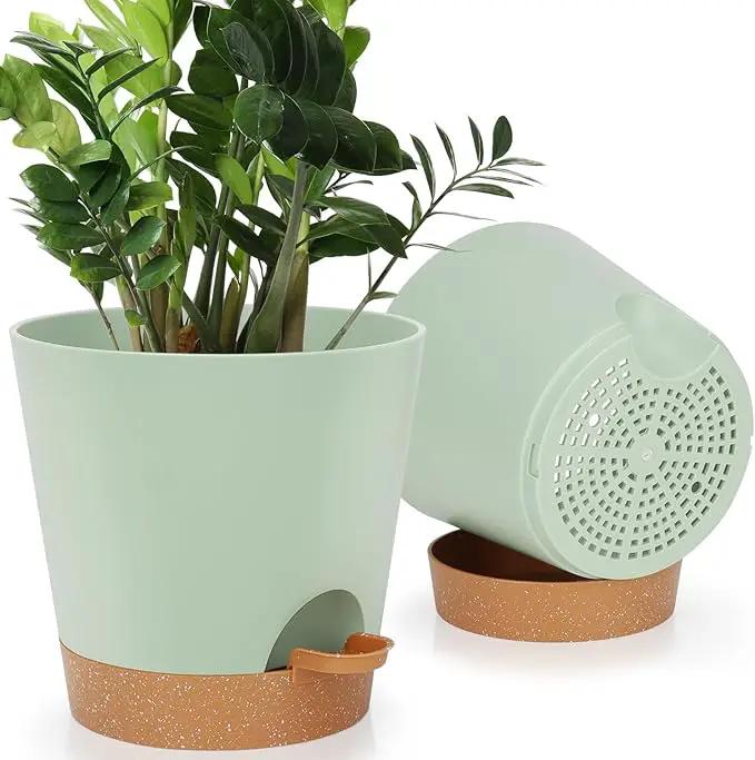 8-Inch Plant Pots, Self-Watering Planters with Drainage Holes & Saucers for Indoor and Outdoor Plants (2-Pack, Green) by GreenHaven Gardens