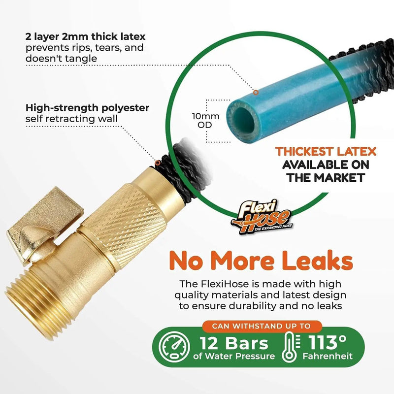 Flexi Hose PLUS with 8 Function Nozzle Expandable Garden Hose, Lightweight & No-Kink Flexible Garden Hose, 3/4 inch Solid Brass Fittings and Double Latex Core, 50 ft Black by GreenHaven Gardens