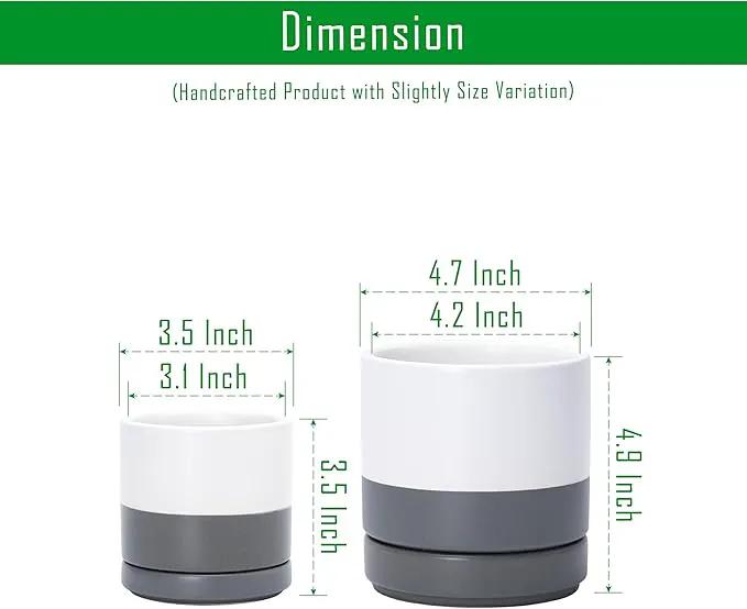 D'vine Dev 3.5 Inch & 4.7 Inch Ceramic Planter Pots for Plants with Drainage Hole and Saucer, X-Small Plant Pots Set, White/Speckled Grey, 94-G-XS-6 by GreenHaven Gardens