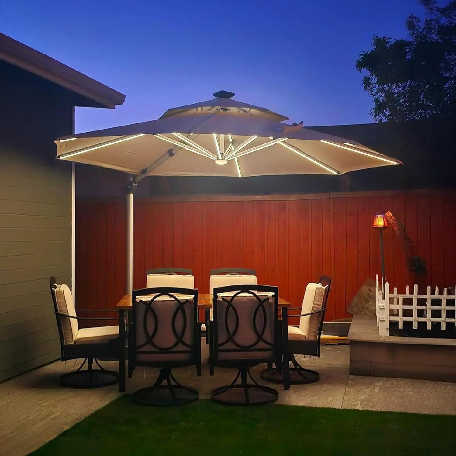 PURPLE LEAF 10ft Solar powered LED Patio Umbrella Outdoor Round Umbrellas Large Cantilever Umbrella with LED lights Windproof Offset Umbrellas Heavy Duty for Garden Deck Pool Patio, Beige by GreenHaven Gardens