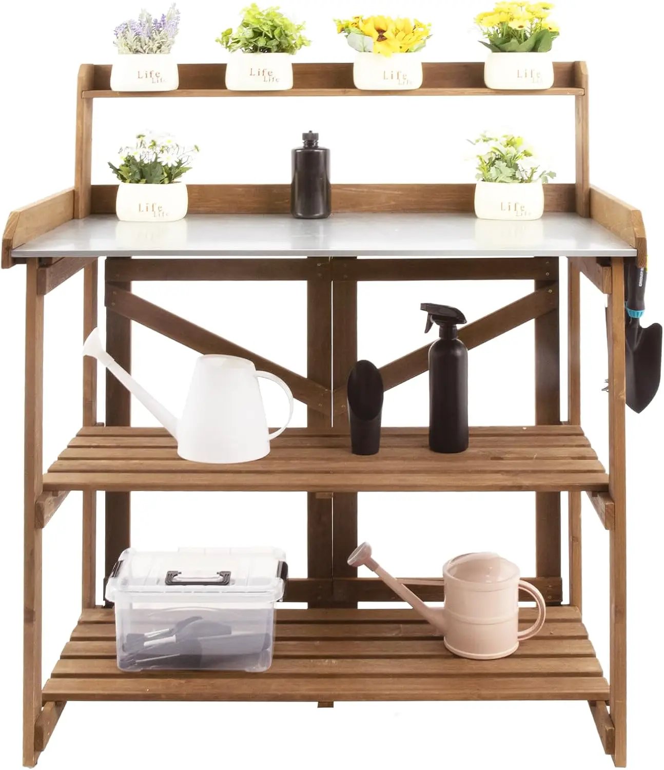 Folding Potting Bench Table,Outdoor Potting Bench Garden Wooden Potting Table,Fir Wood Workstation Planting Table with Galvanized Tabletop,2 Tier Storage Shelves,Top Shelf(Brown) by GreenHaven Gardens