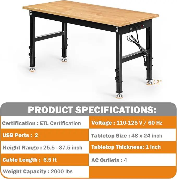 Adjustable Height Workbench, 48" Rubber Wood Top Heavy Duty Workstation with Power Outlets, 2000 LBS Load Capacity Hardwood Worktable for Workshop, Garage, Office, Home, Commercial by GreenHaven Gardens