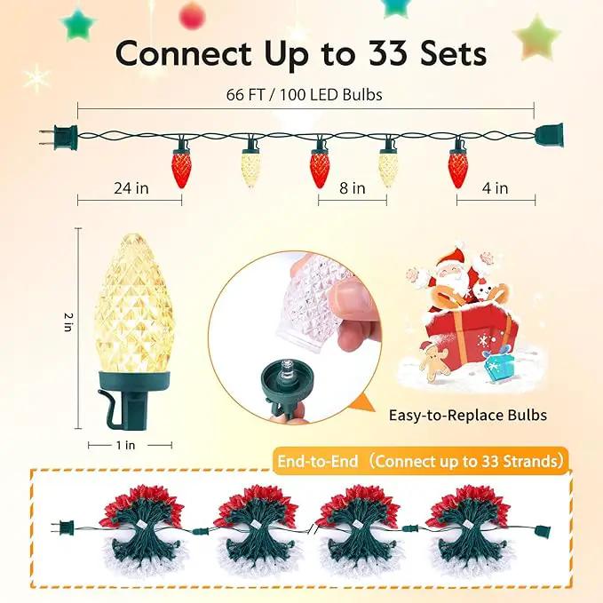Brightown C9 LED Christmas String Lights, 66ft 100 LED Waterproof Strawberry String Lights, Plug-in Extendable Green Wire Lights String for Outdoor Outside Patio Party Decoration, Red and Warm White by GreenHaven Gardens
