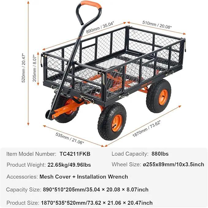 VEVOR 880lbs Steel Garden Dump Cart Utility Wagon, Heavy Duty Yard Dump Wagon Cart with Removable Sides, Pullable Handle, Utility Liner, 10in All Terrain Wheels by GreenHaven Gardens